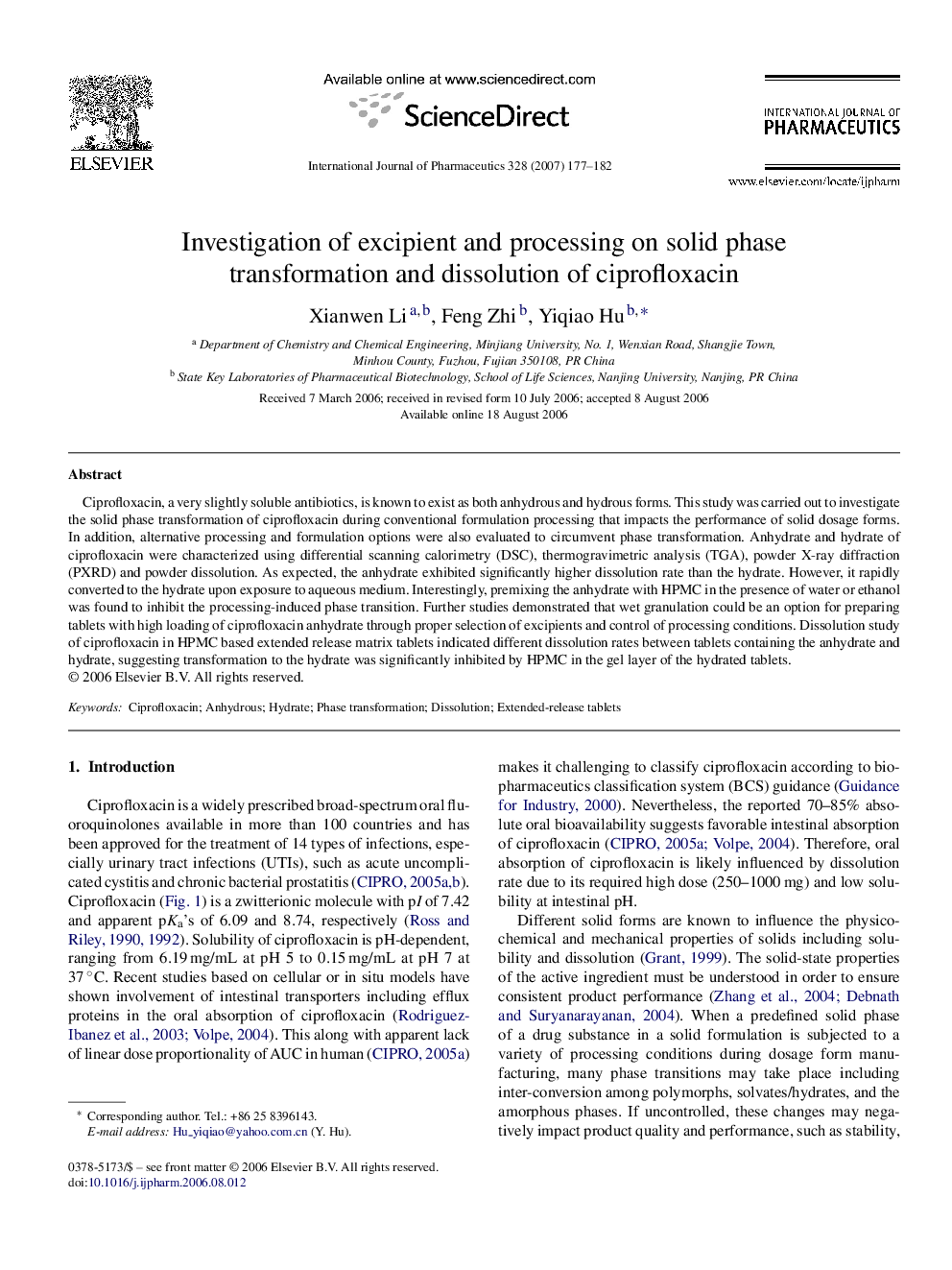 Investigation of excipient and processing on solid phase transformation and dissolution of ciprofloxacin