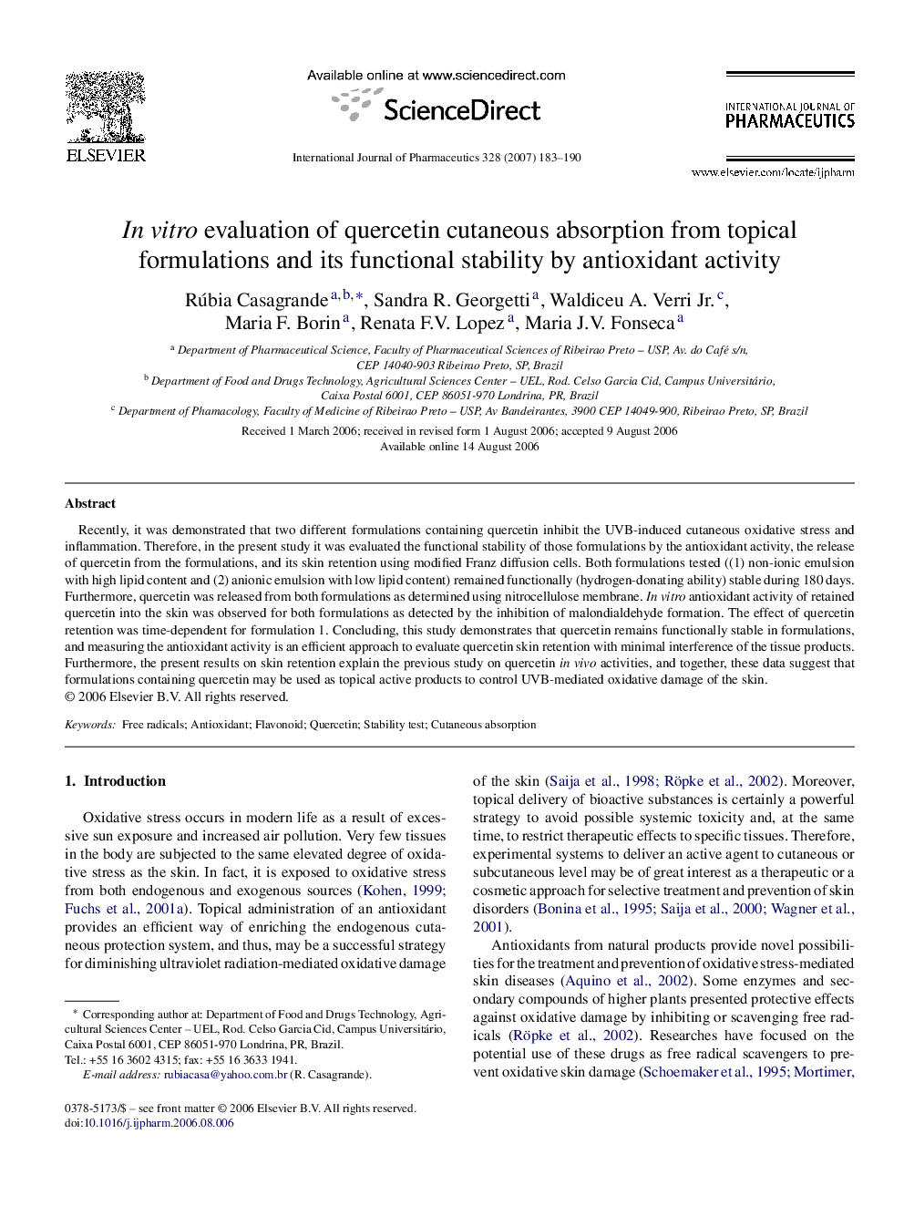 In vitro evaluation of quercetin cutaneous absorption from topical formulations and its functional stability by antioxidant activity