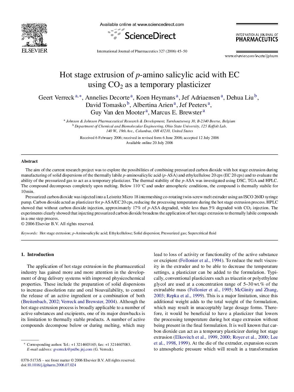 Hot stage extrusion of p-amino salicylic acid with EC using CO2 as a temporary plasticizer