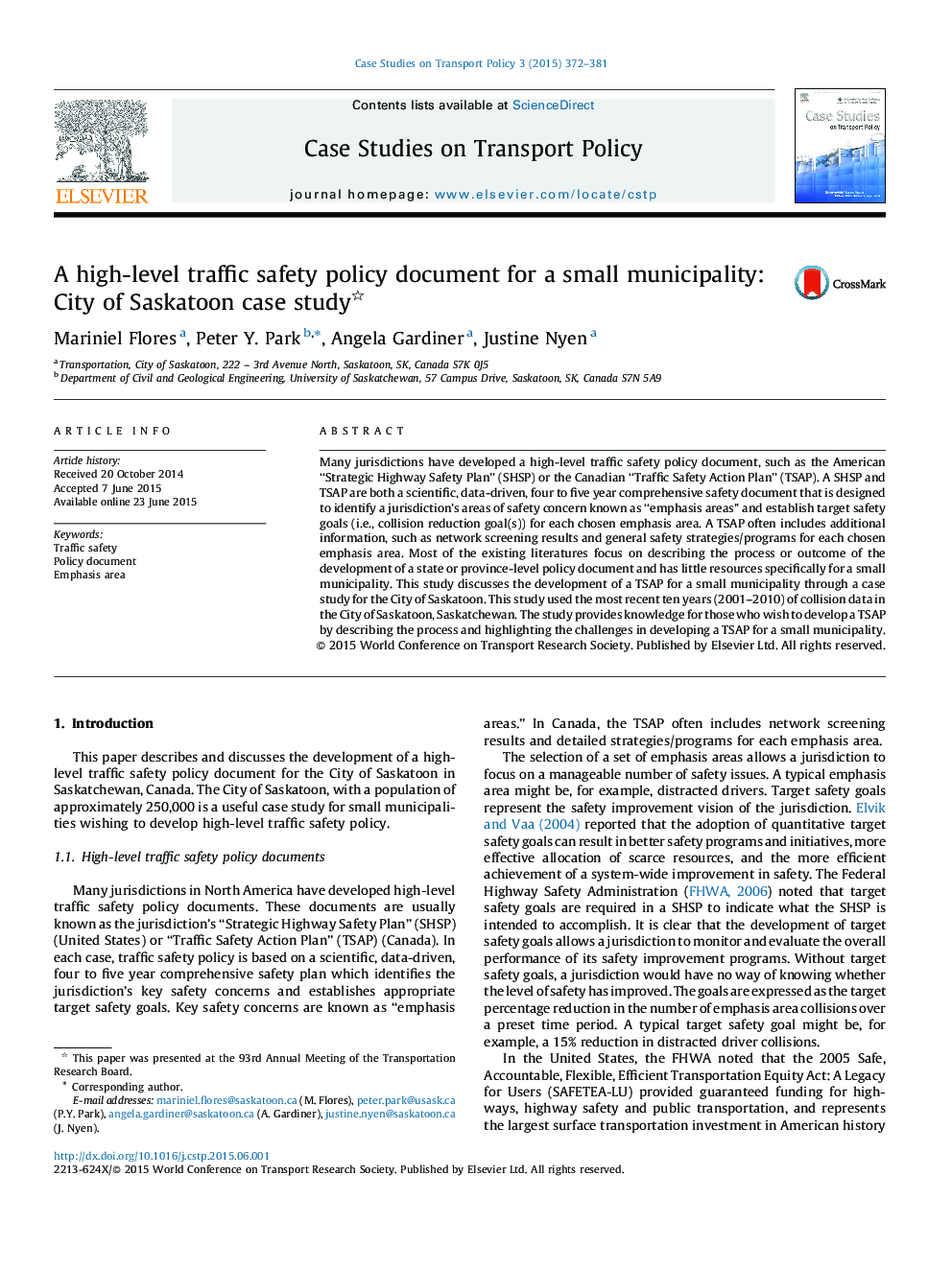 A high-level traffic safety policy document for a small municipality: City of Saskatoon case study 