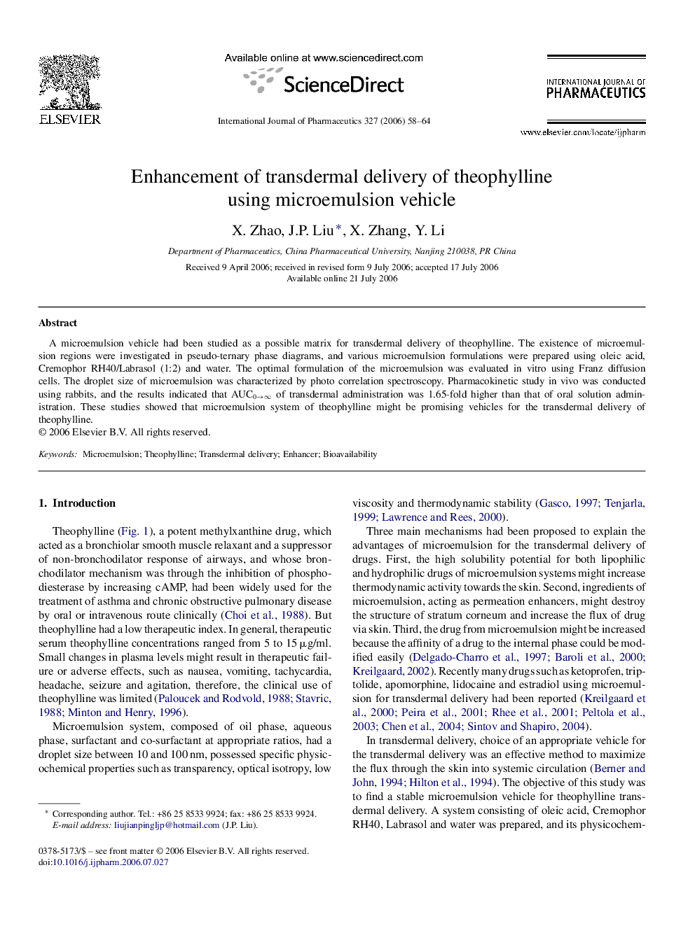 Enhancement of transdermal delivery of theophylline using microemulsion vehicle