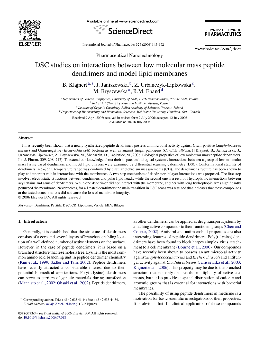 DSC studies on interactions between low molecular mass peptide dendrimers and model lipid membranes