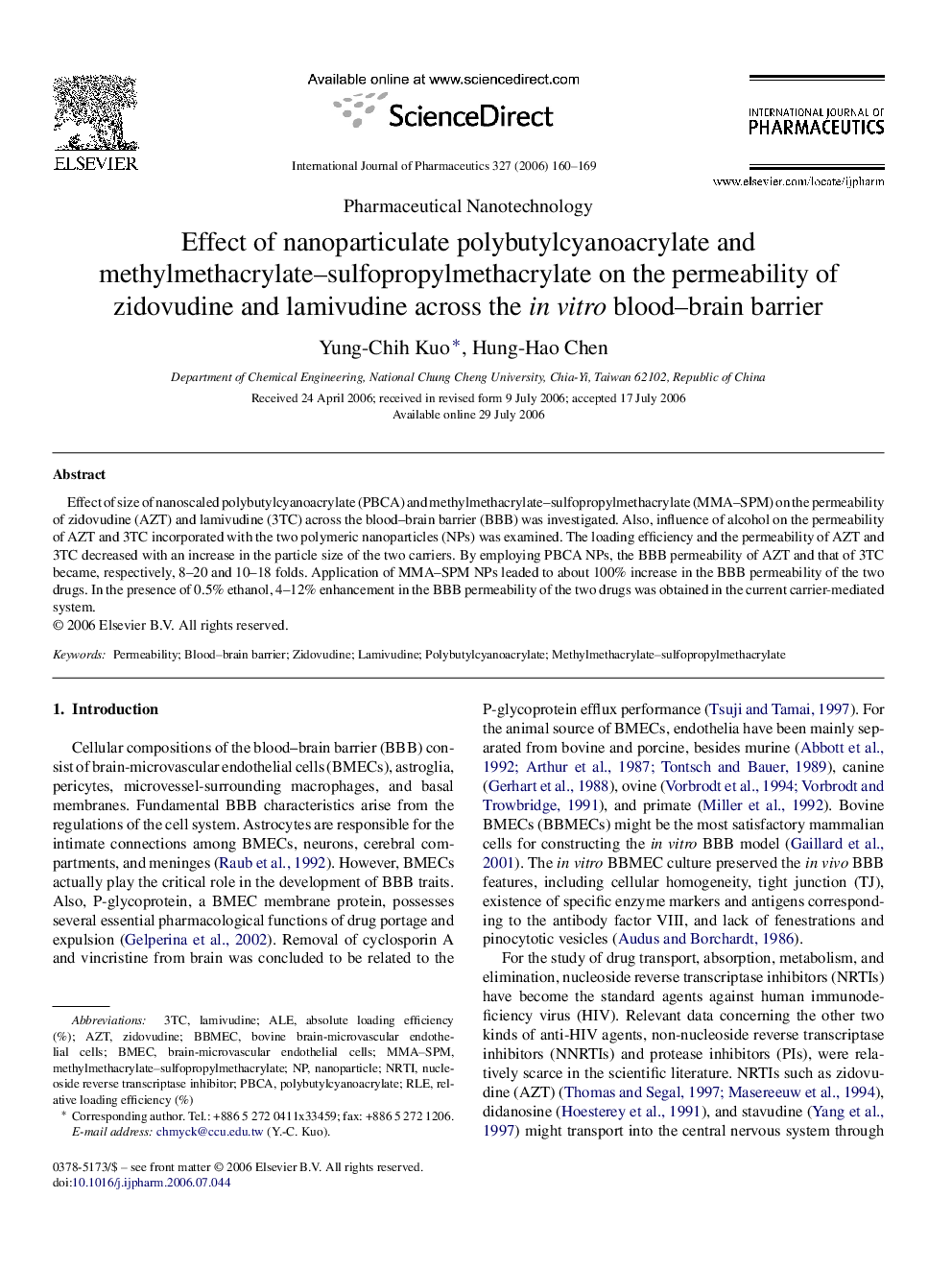 Effect of nanoparticulate polybutylcyanoacrylate and methylmethacrylate–sulfopropylmethacrylate on the permeability of zidovudine and lamivudine across the in vitro blood–brain barrier