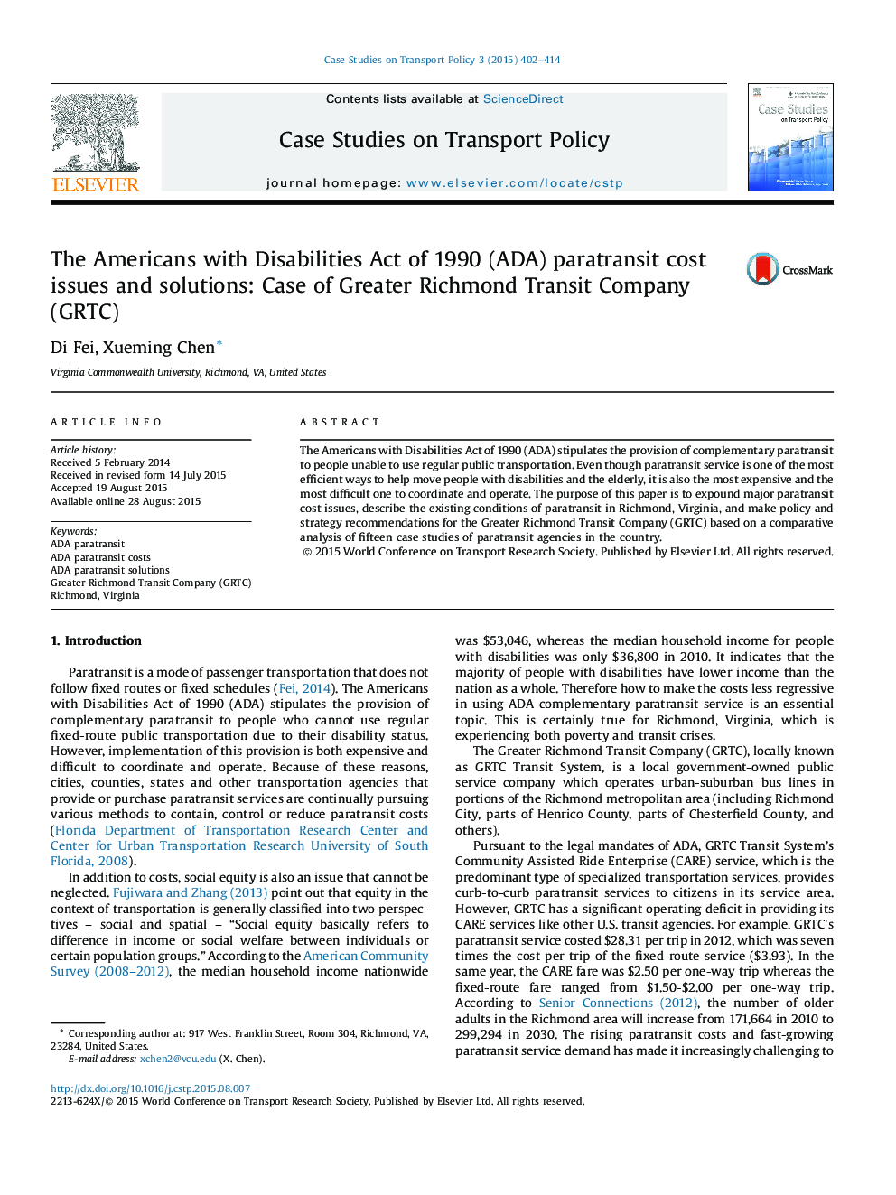 The Americans with Disabilities Act of 1990 (ADA) paratransit cost issues and solutions: Case of Greater Richmond Transit Company (GRTC)