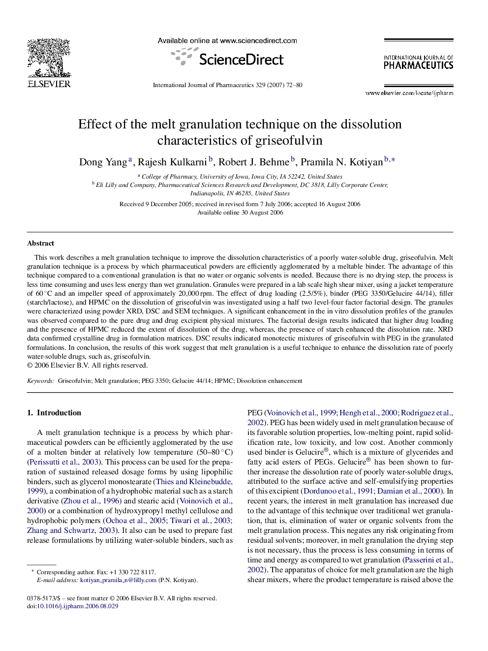 Effect of the melt granulation technique on the dissolution characteristics of griseofulvin