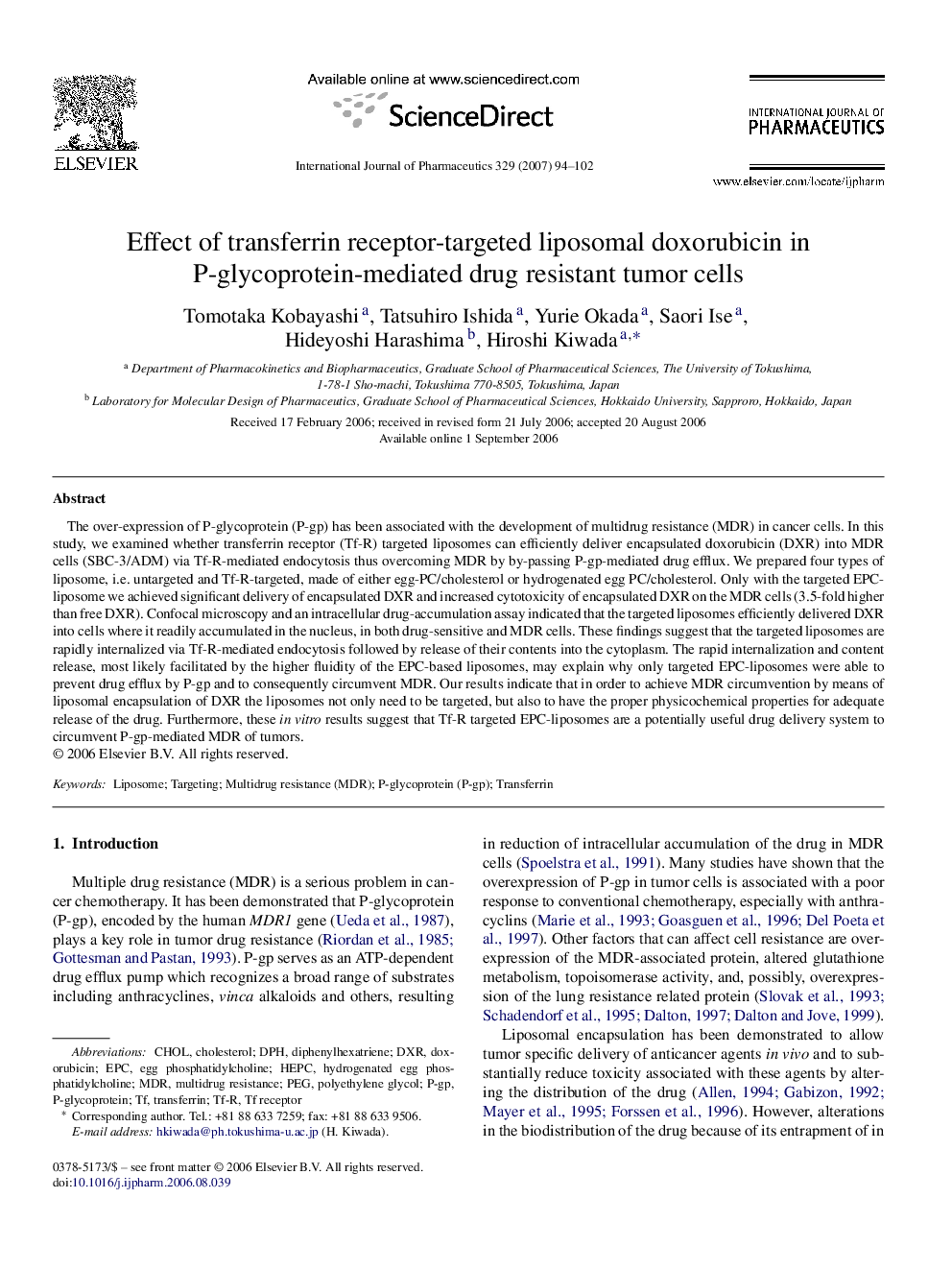 Effect of transferrin receptor-targeted liposomal doxorubicin in P-glycoprotein-mediated drug resistant tumor cells