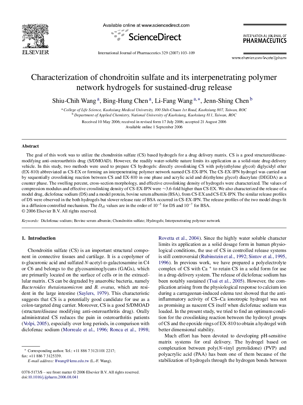 Characterization of chondroitin sulfate and its interpenetrating polymer network hydrogels for sustained-drug release