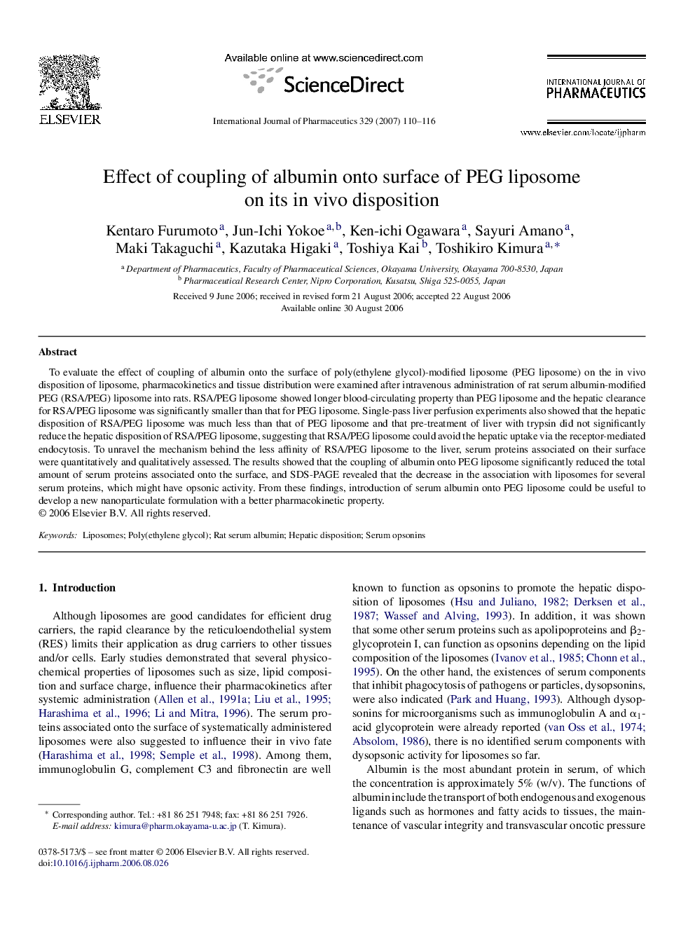 Effect of coupling of albumin onto surface of PEG liposome on its in vivo disposition