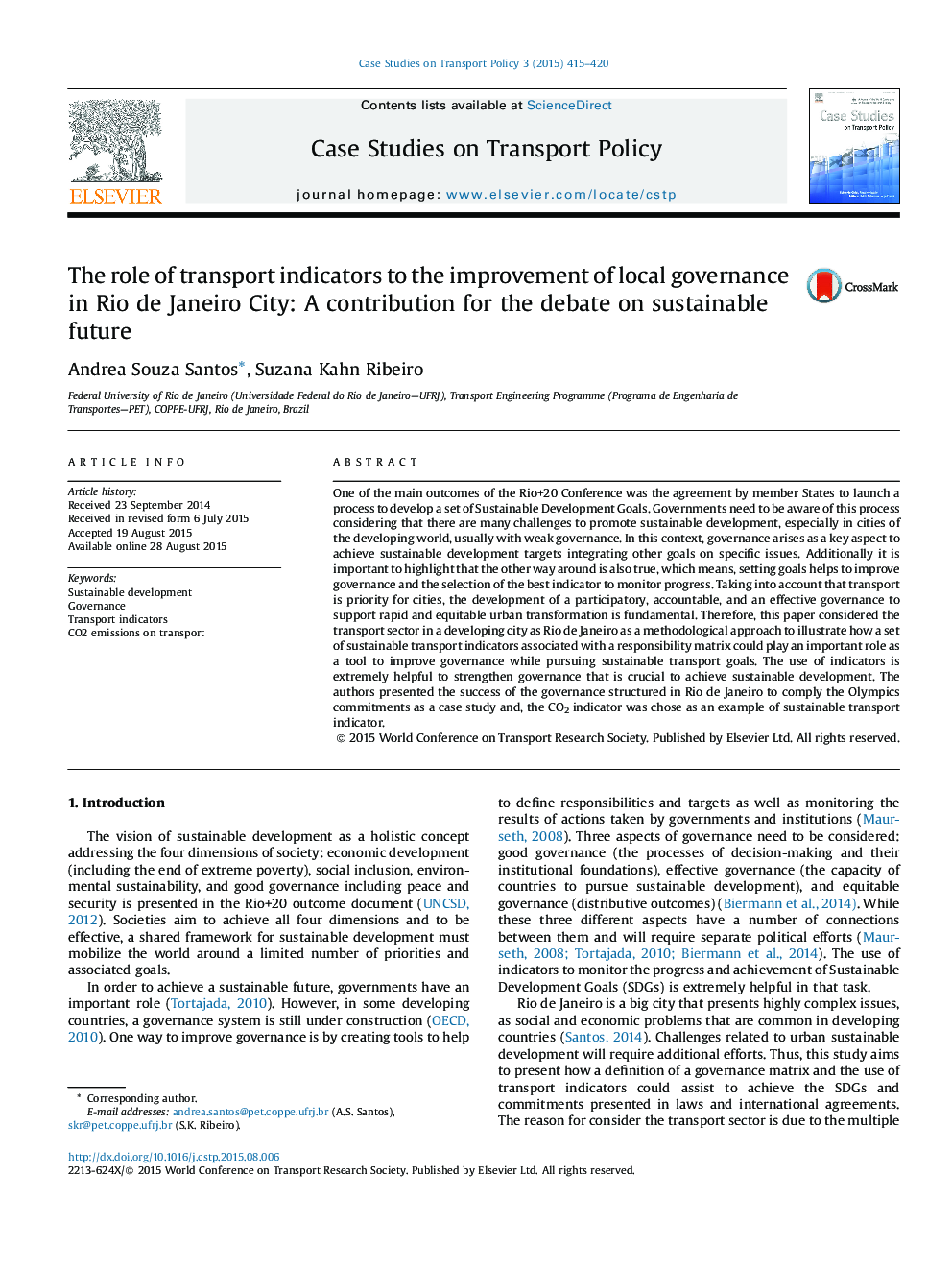 The role of transport indicators to the improvement of local governance in Rio de Janeiro City: A contribution for the debate on sustainable future