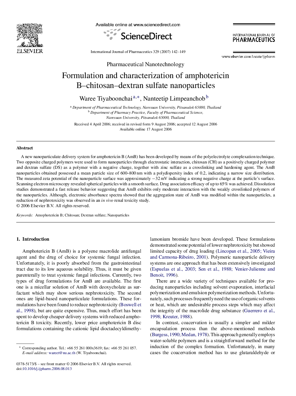 Formulation and characterization of amphotericin B–chitosan–dextran sulfate nanoparticles