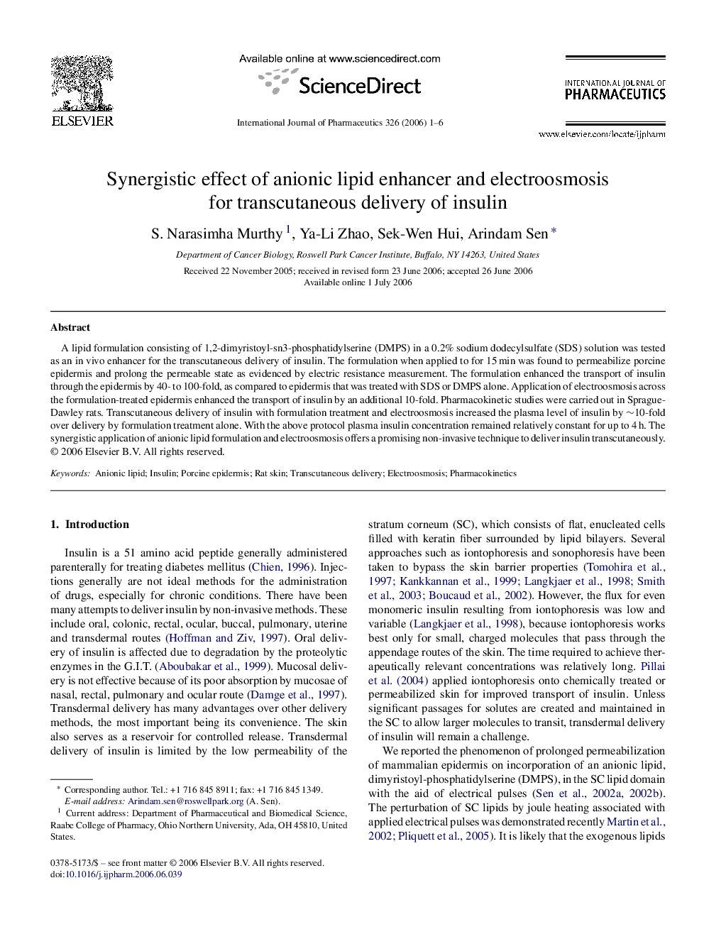 Synergistic effect of anionic lipid enhancer and electroosmosis for transcutaneous delivery of insulin