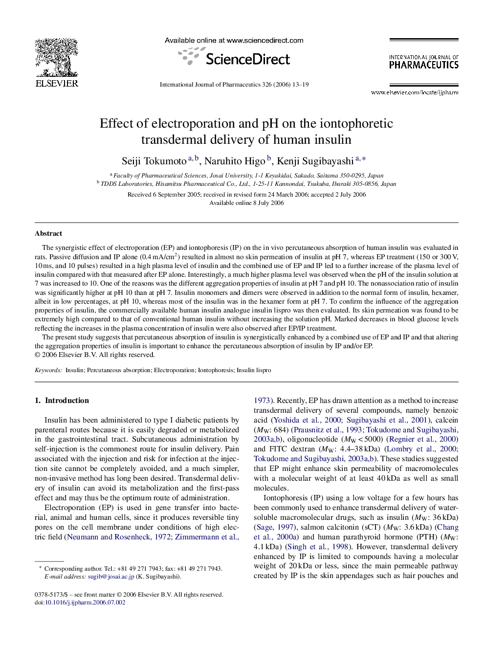 Effect of electroporation and pH on the iontophoretic transdermal delivery of human insulin