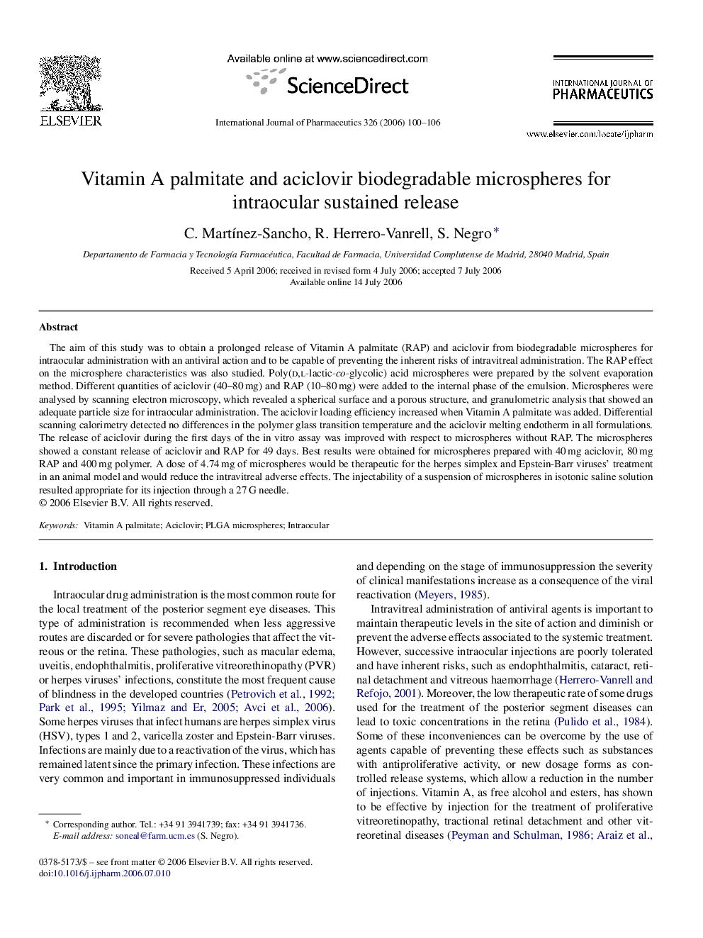 Vitamin A palmitate and aciclovir biodegradable microspheres for intraocular sustained release