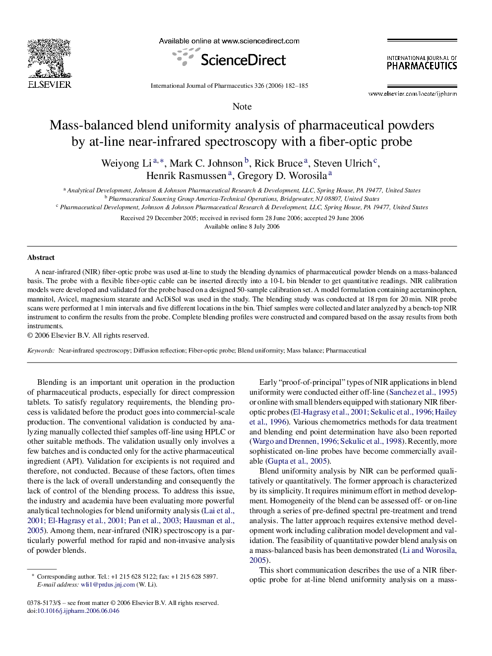 Mass-balanced blend uniformity analysis of pharmaceutical powders by at-line near-infrared spectroscopy with a fiber-optic probe