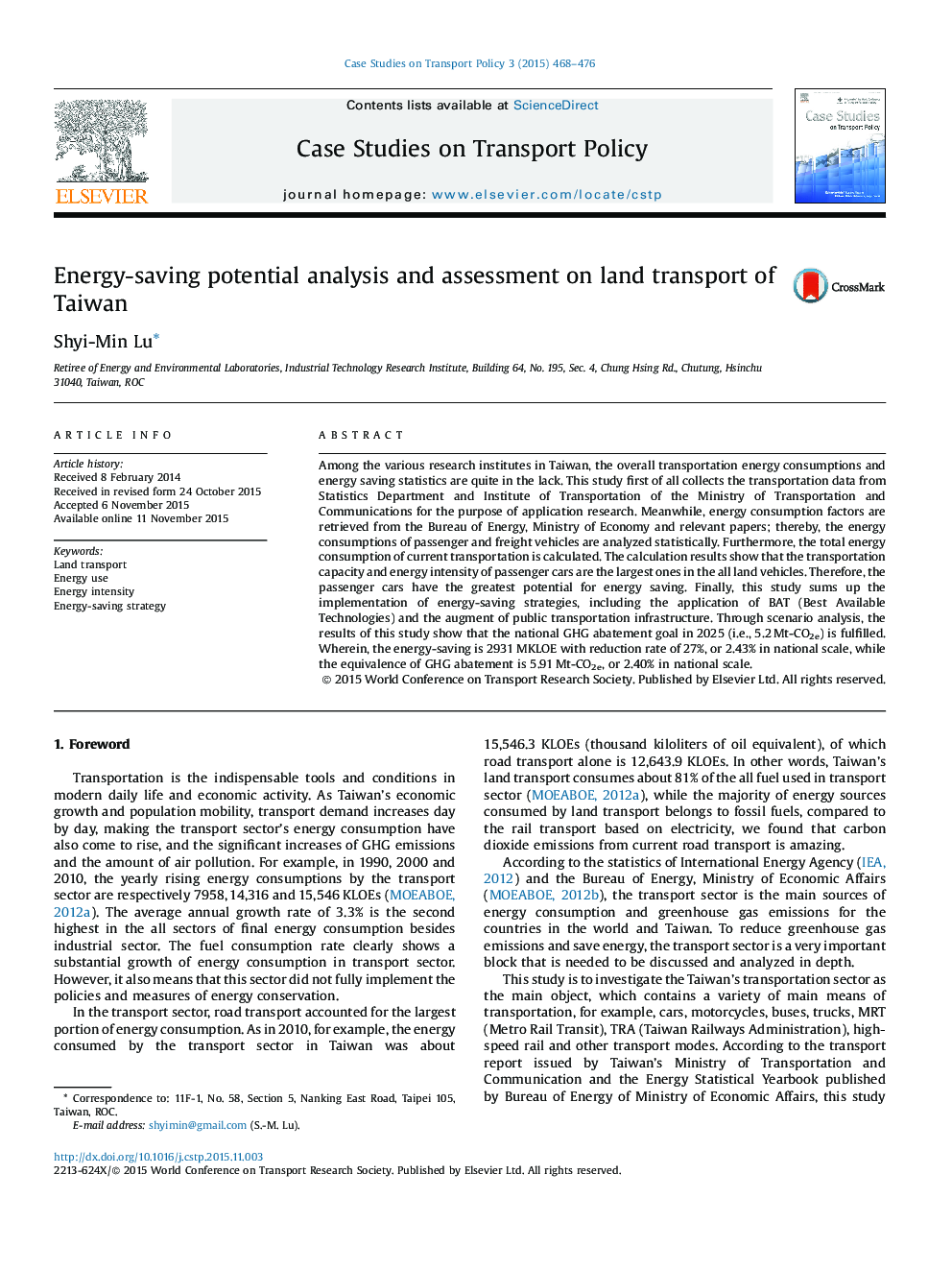 Energy-saving potential analysis and assessment on land transport of Taiwan