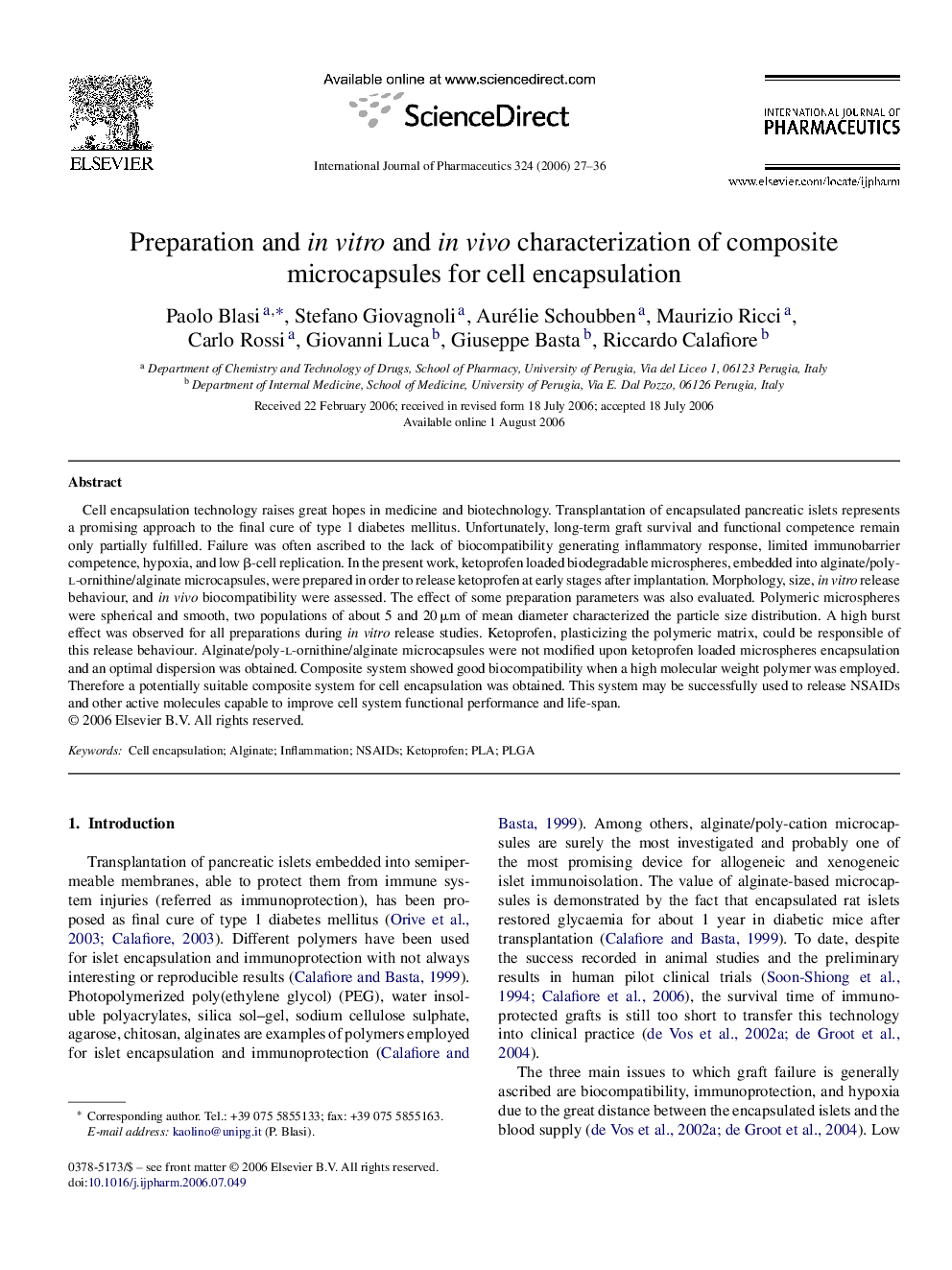 Preparation and in vitro and in vivo characterization of composite microcapsules for cell encapsulation