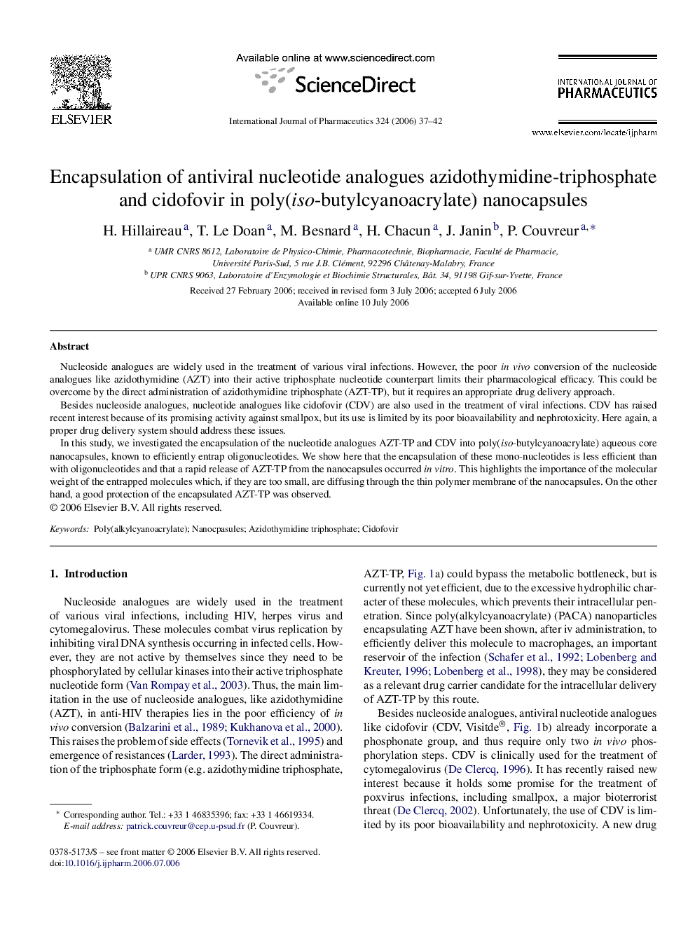 Encapsulation of antiviral nucleotide analogues azidothymidine-triphosphate and cidofovir in poly(iso-butylcyanoacrylate) nanocapsules