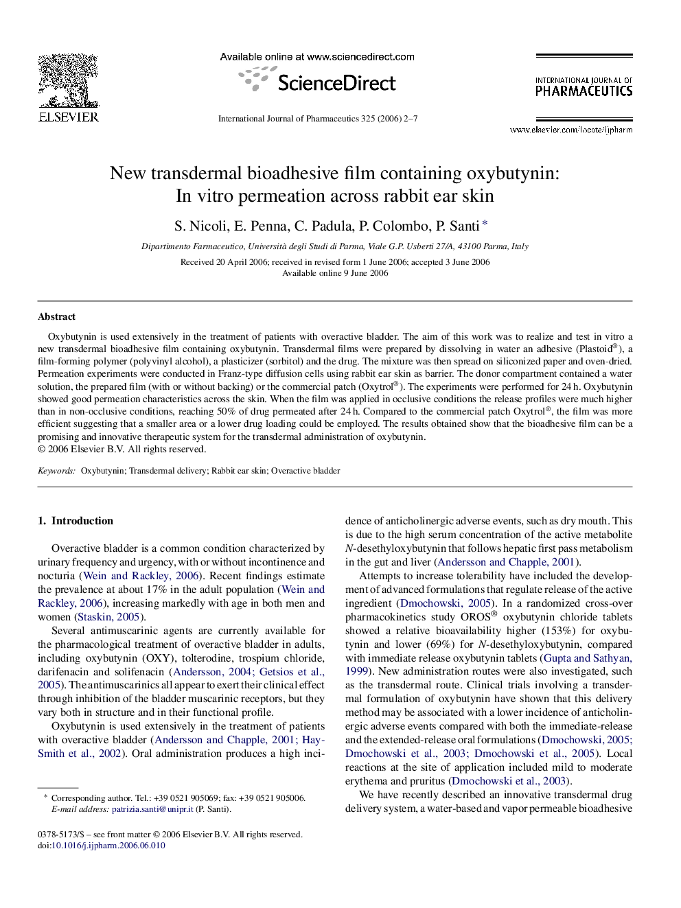 New transdermal bioadhesive film containing oxybutynin: In vitro permeation across rabbit ear skin