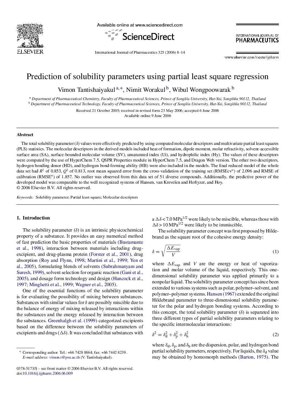 Prediction of solubility parameters using partial least square regression