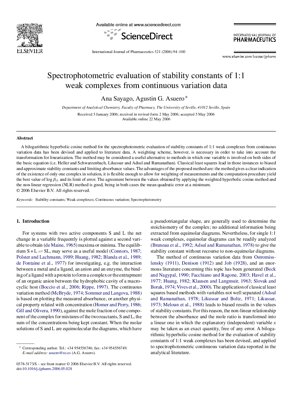 Spectrophotometric evaluation of stability constants of 1:1 weak complexes from continuous variation data