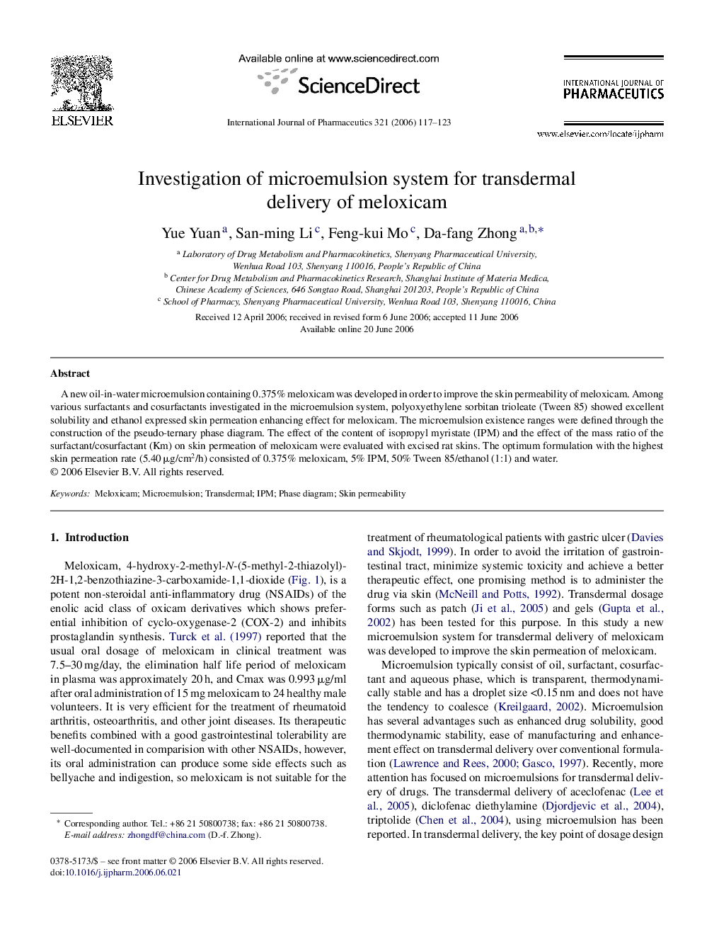 Investigation of microemulsion system for transdermal delivery of meloxicam