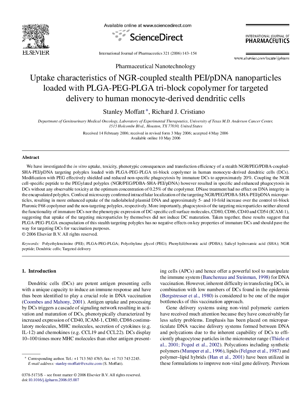 Uptake characteristics of NGR-coupled stealth PEI/pDNA nanoparticles loaded with PLGA-PEG-PLGA tri-block copolymer for targeted delivery to human monocyte-derived dendritic cells