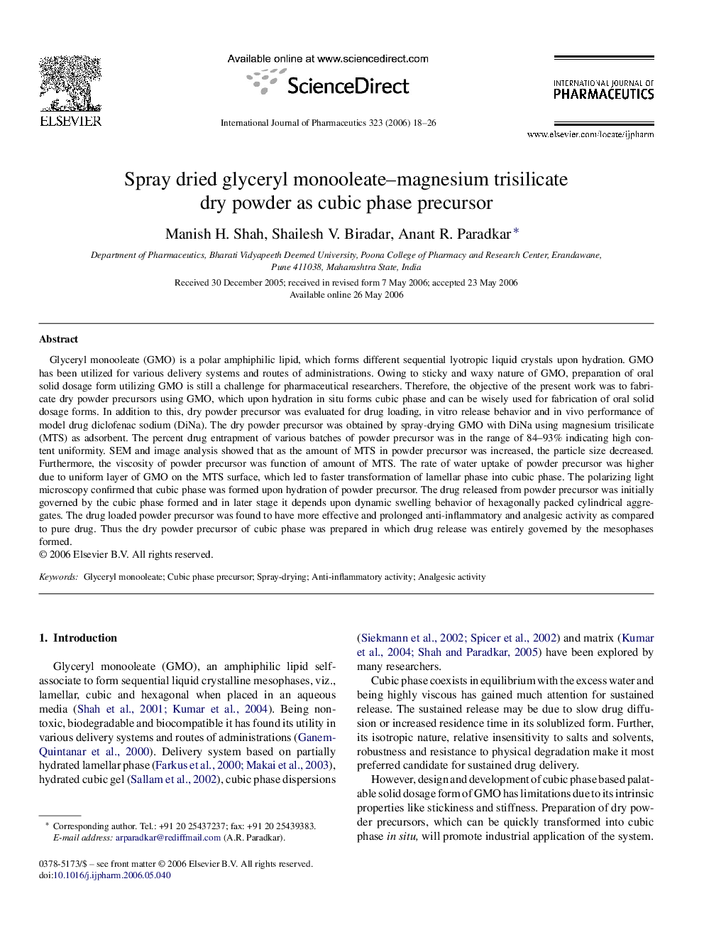 Spray dried glyceryl monooleate–magnesium trisilicate dry powder as cubic phase precursor