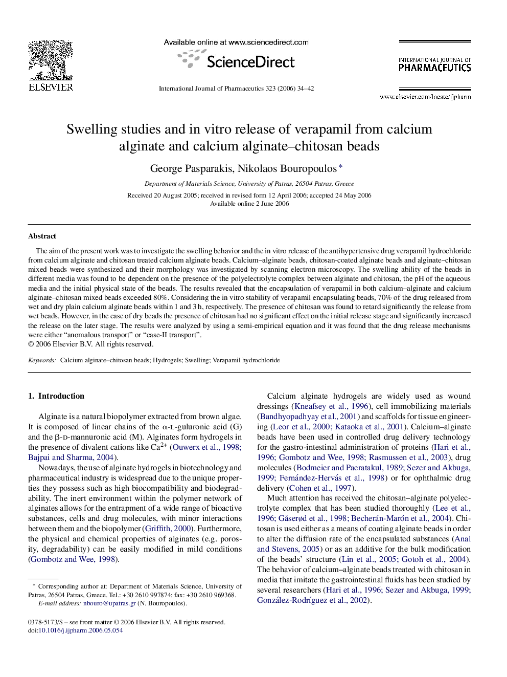 Swelling studies and in vitro release of verapamil from calcium alginate and calcium alginate–chitosan beads