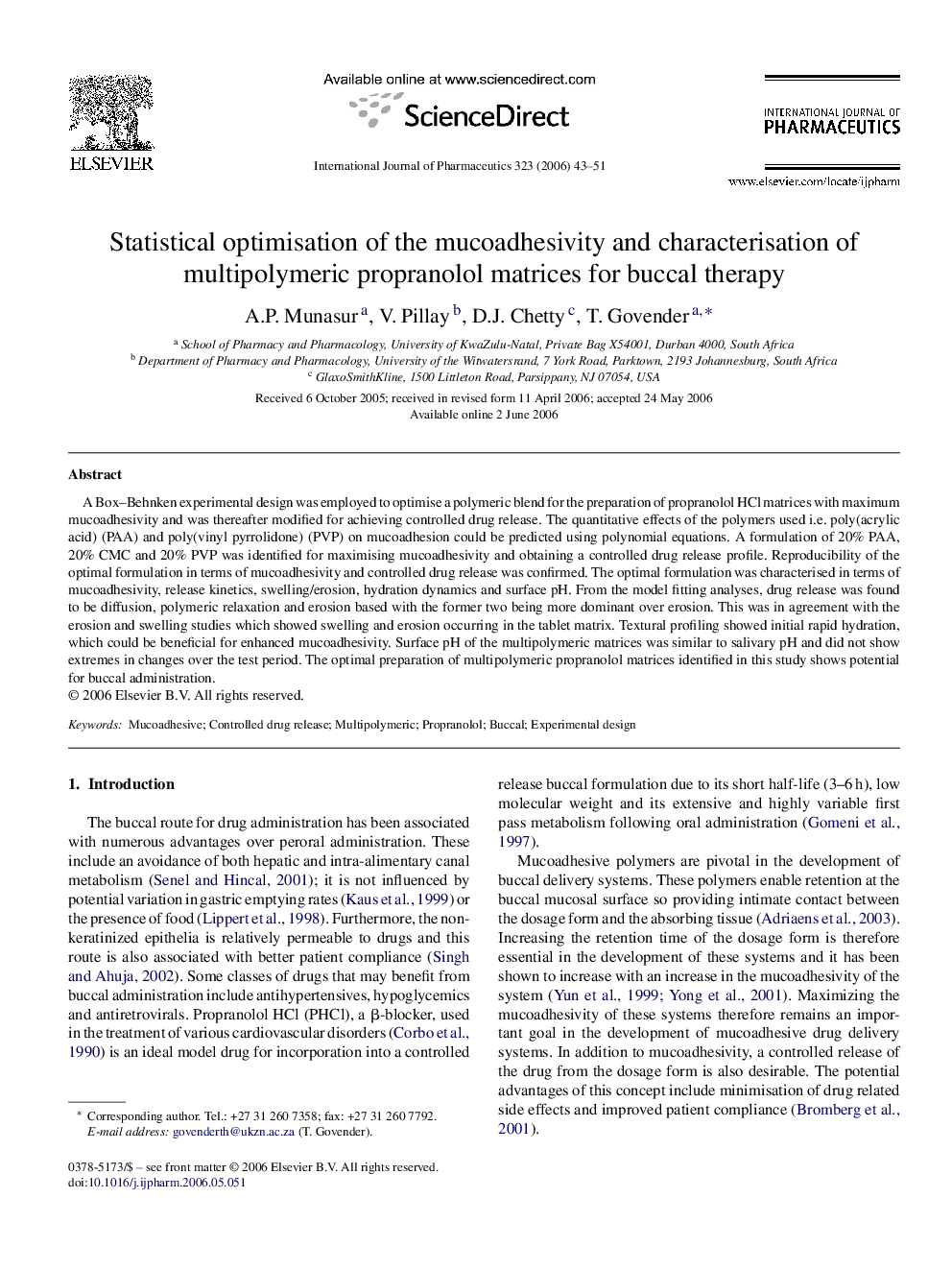 Statistical optimisation of the mucoadhesivity and characterisation of multipolymeric propranolol matrices for buccal therapy