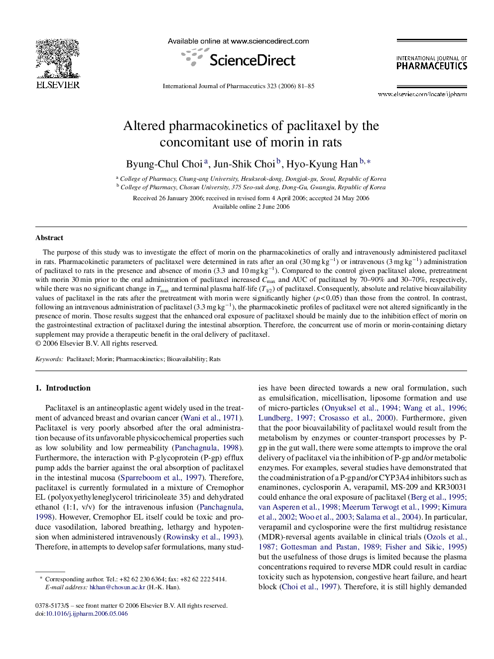 Altered pharmacokinetics of paclitaxel by the concomitant use of morin in rats