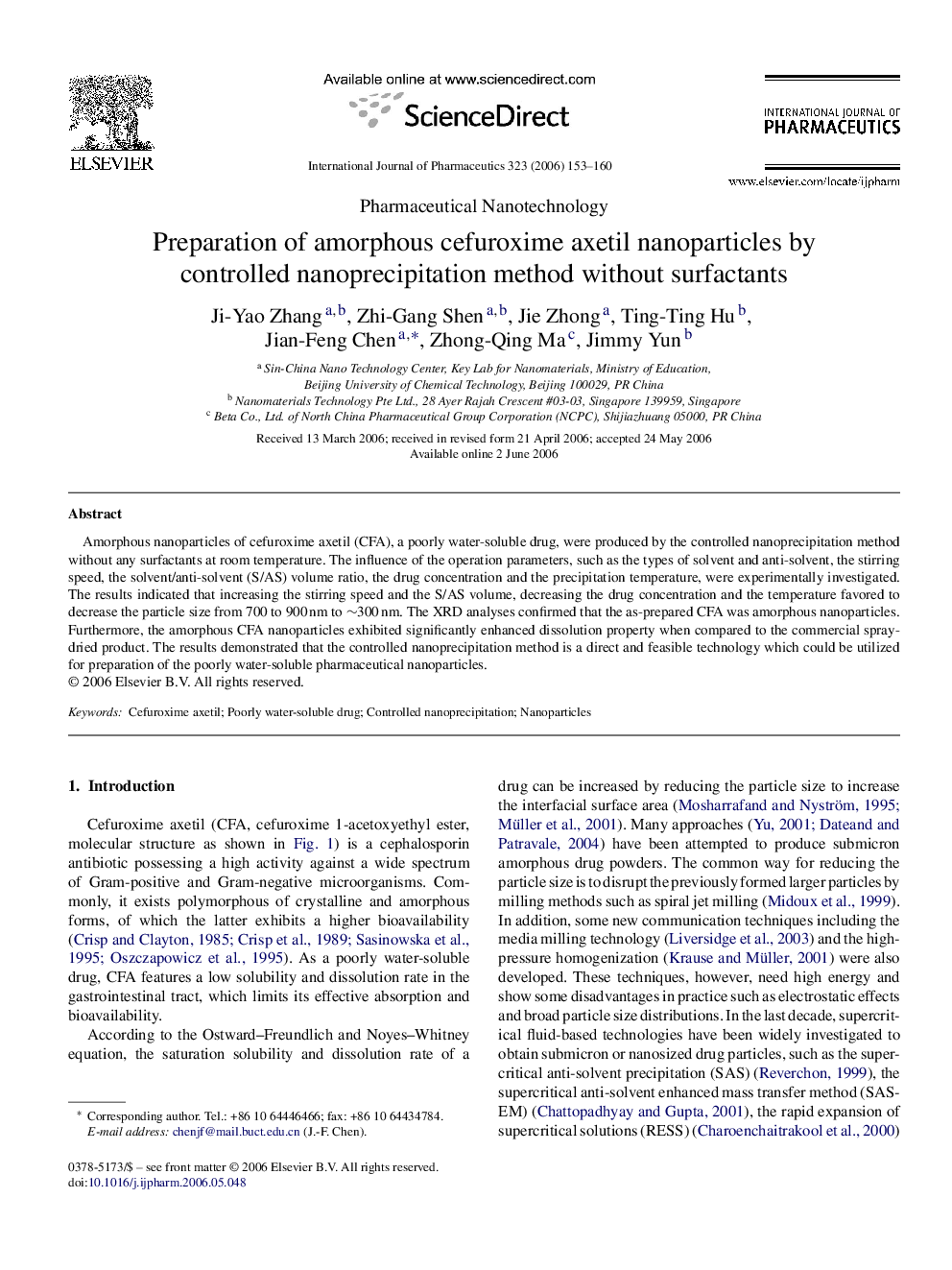 Preparation of amorphous cefuroxime axetil nanoparticles by controlled nanoprecipitation method without surfactants