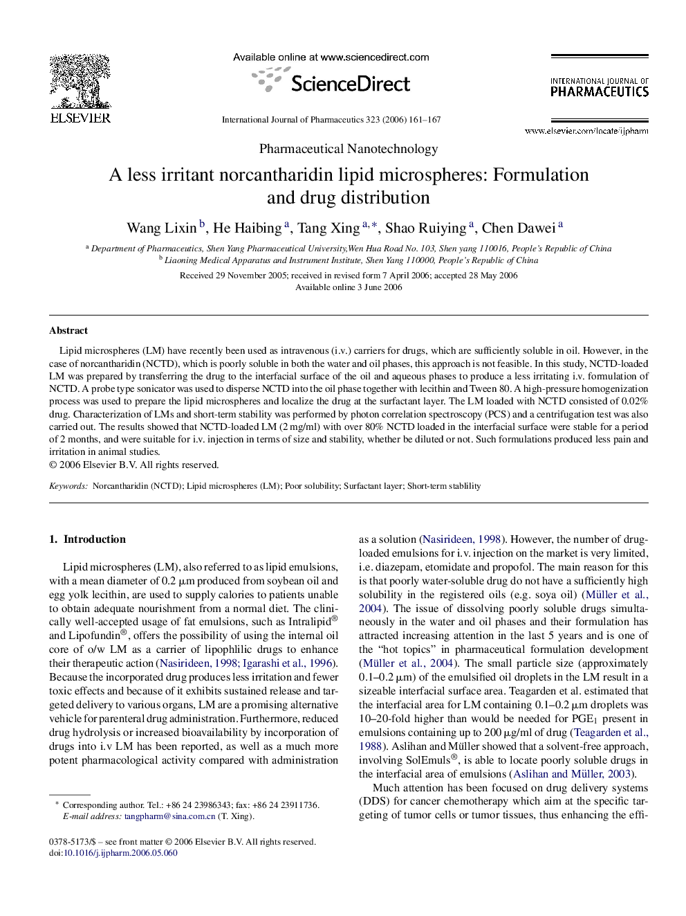 A less irritant norcantharidin lipid microspheres: Formulation and drug distribution