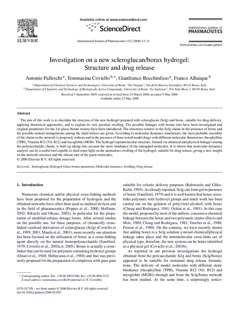 Investigation on a new scleroglucan/borax hydrogel: Structure and drug release