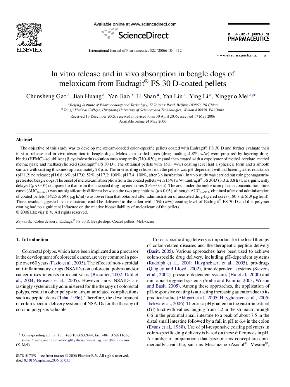 In vitro release and in vivo absorption in beagle dogs of meloxicam from Eudragit® FS 30 D-coated pellets