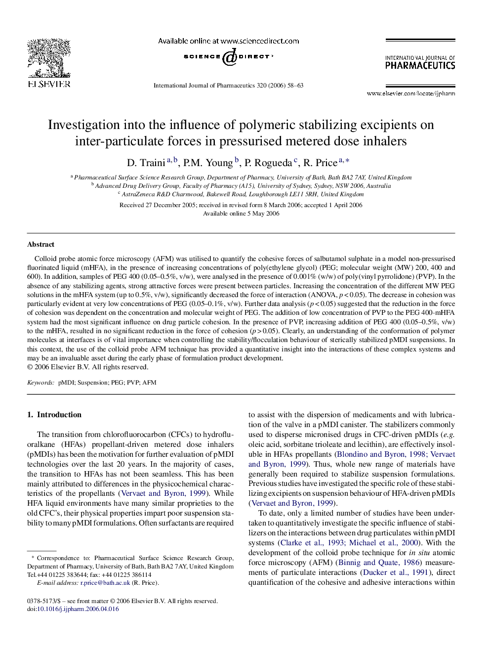 Investigation into the influence of polymeric stabilizing excipients on inter-particulate forces in pressurised metered dose inhalers