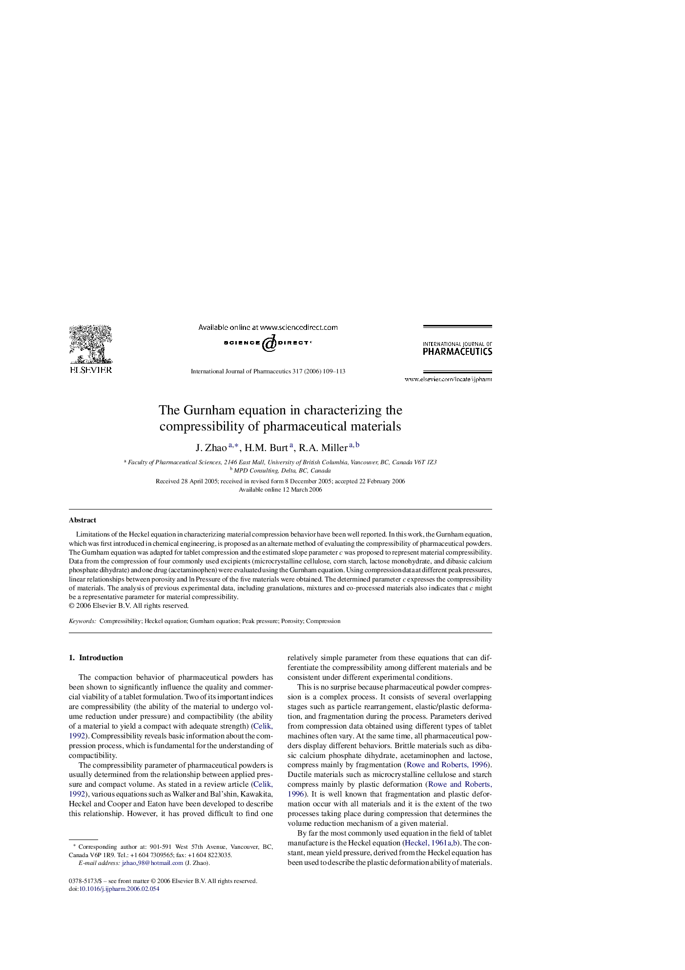 The Gurnham equation in characterizing the compressibility of pharmaceutical materials