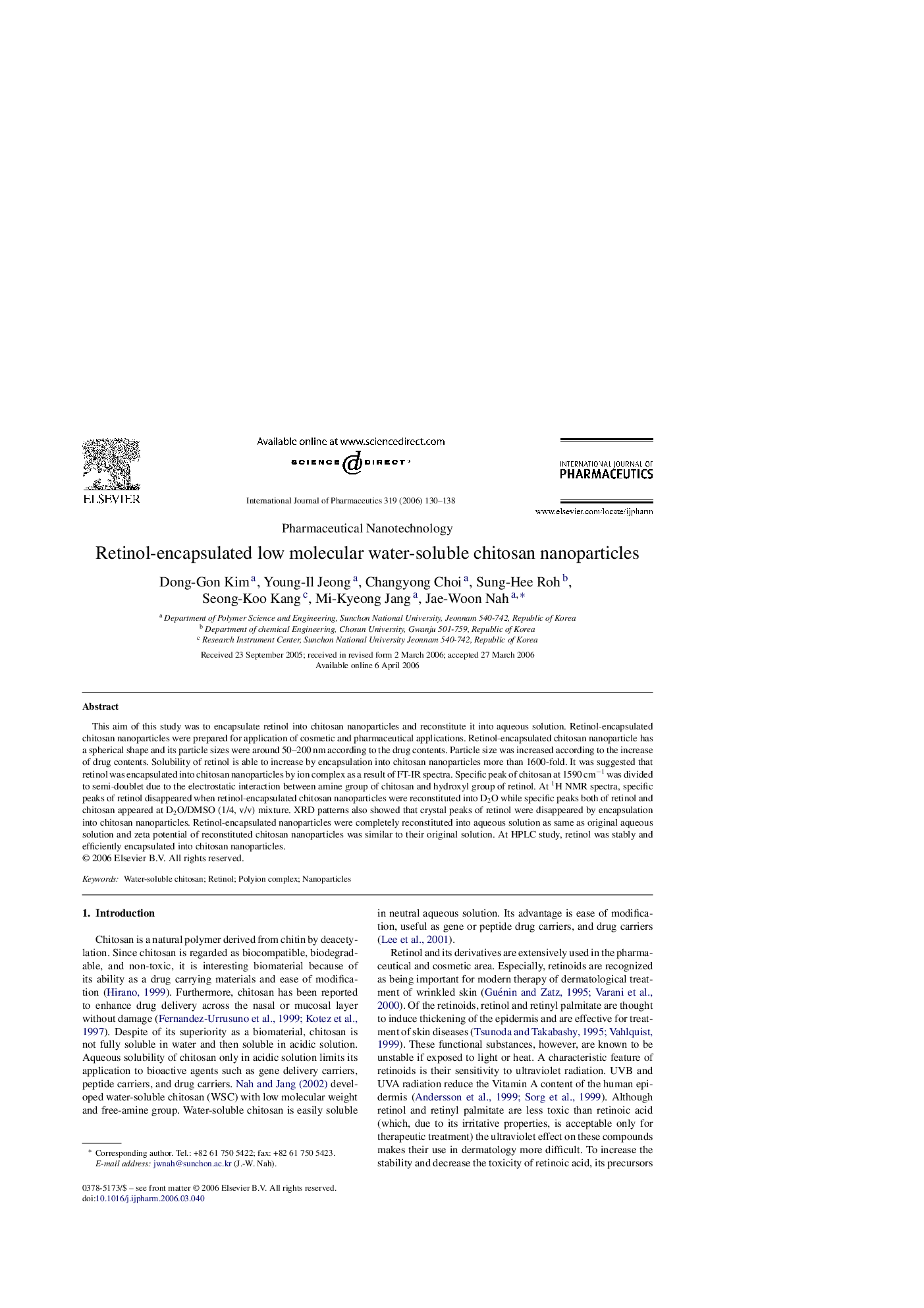 Retinol-encapsulated low molecular water-soluble chitosan nanoparticles