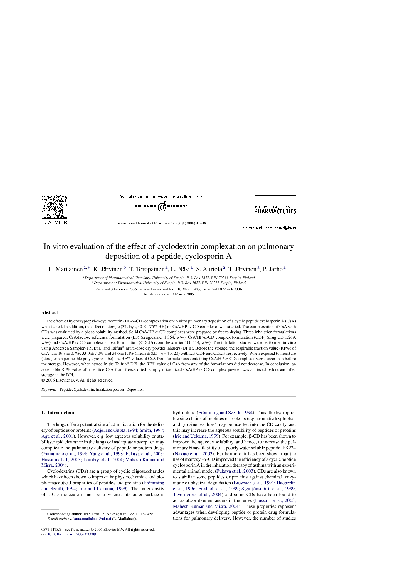 In vitro evaluation of the effect of cyclodextrin complexation on pulmonary deposition of a peptide, cyclosporin A