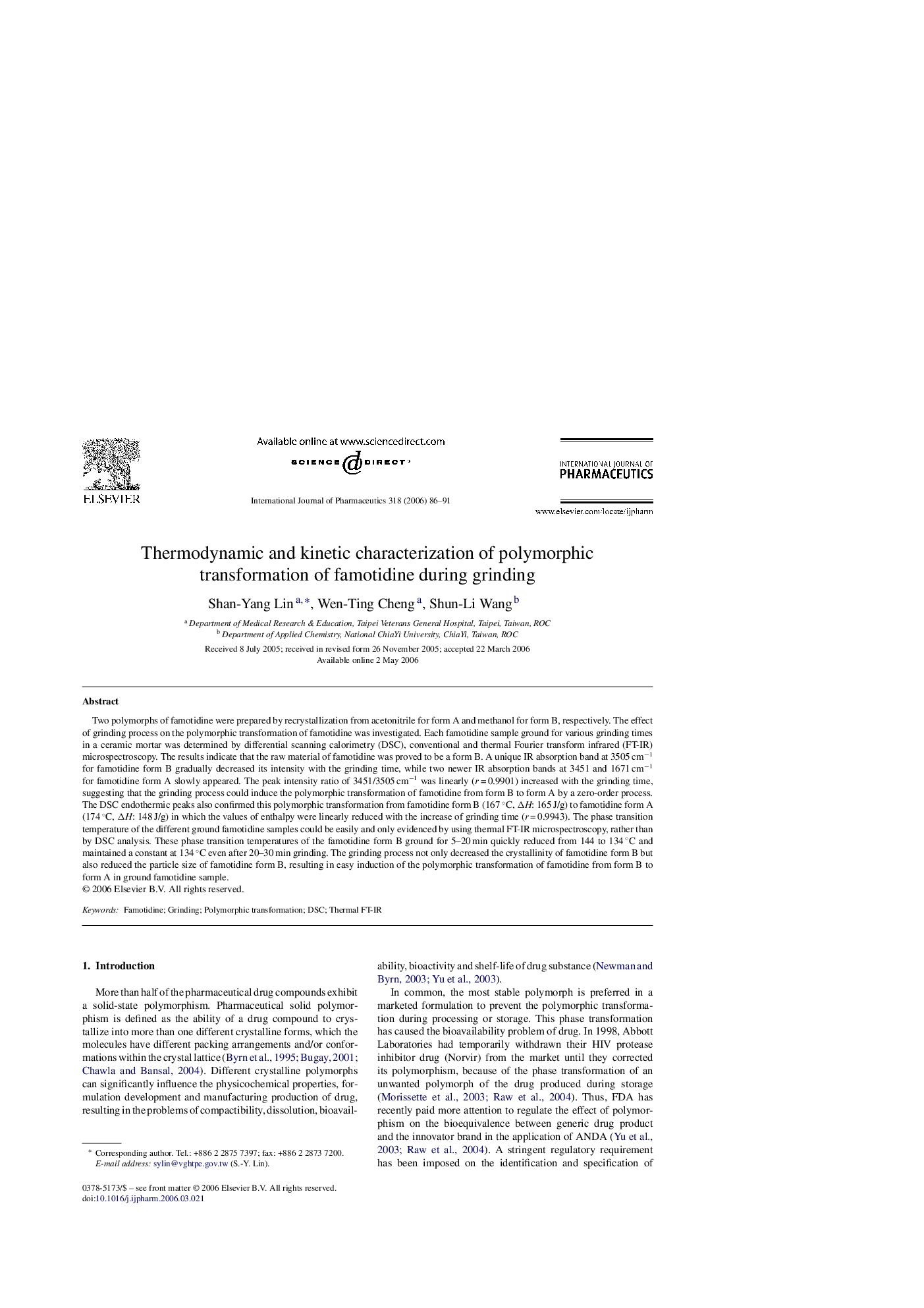 Thermodynamic and kinetic characterization of polymorphic transformation of famotidine during grinding