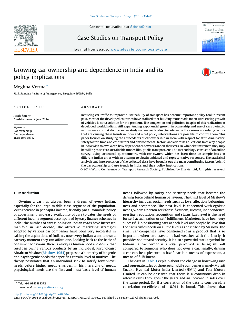 Growing car ownership and dependence in India and its policy implications