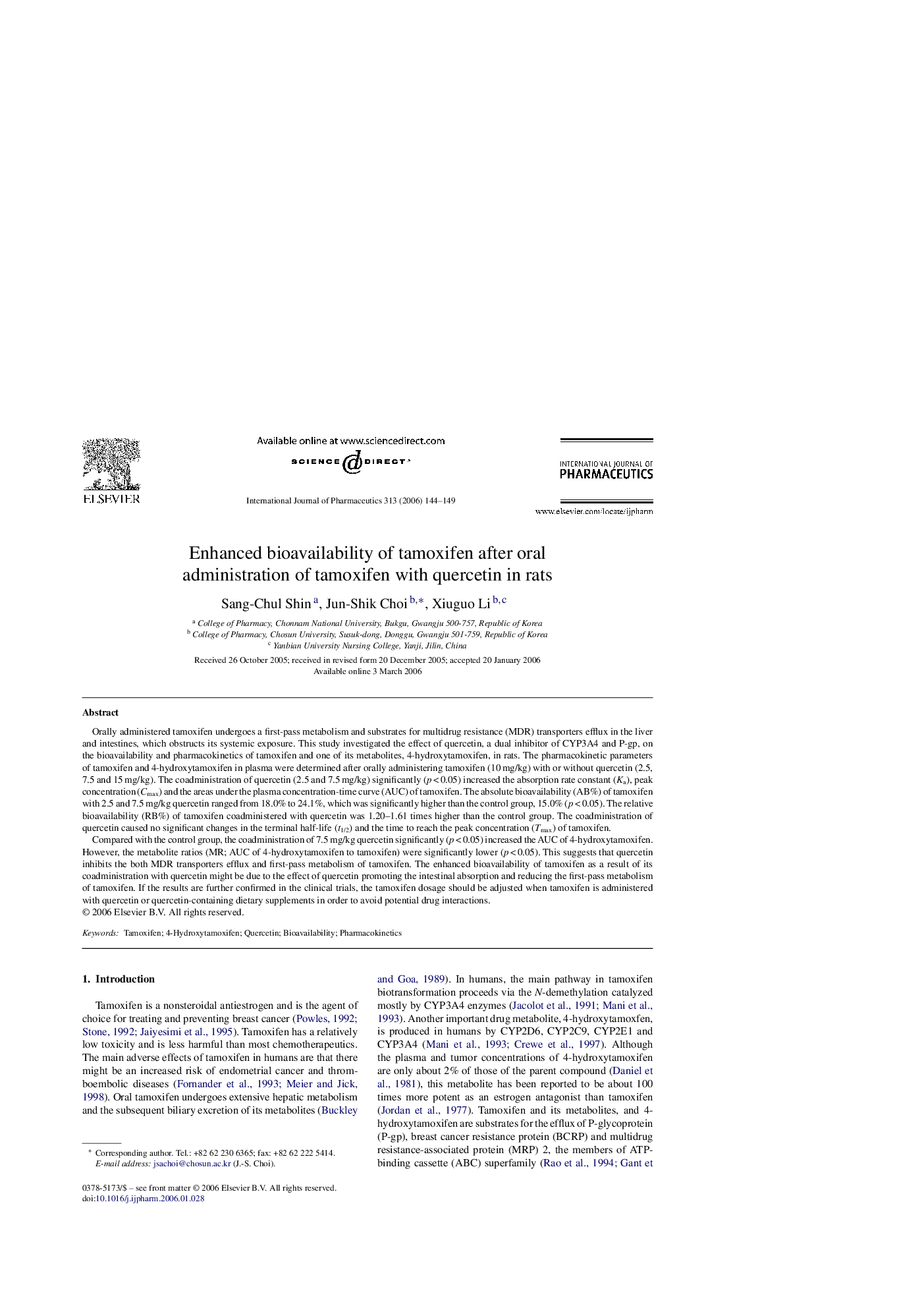 Enhanced bioavailability of tamoxifen after oral administration of tamoxifen with quercetin in rats