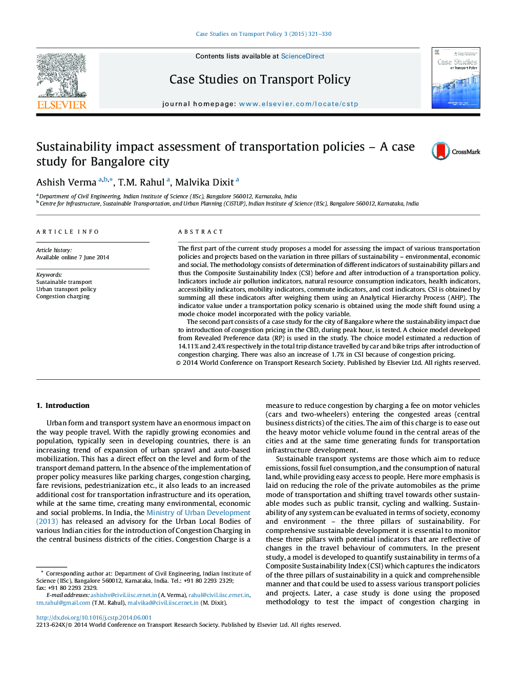 Sustainability impact assessment of transportation policies – A case study for Bangalore city