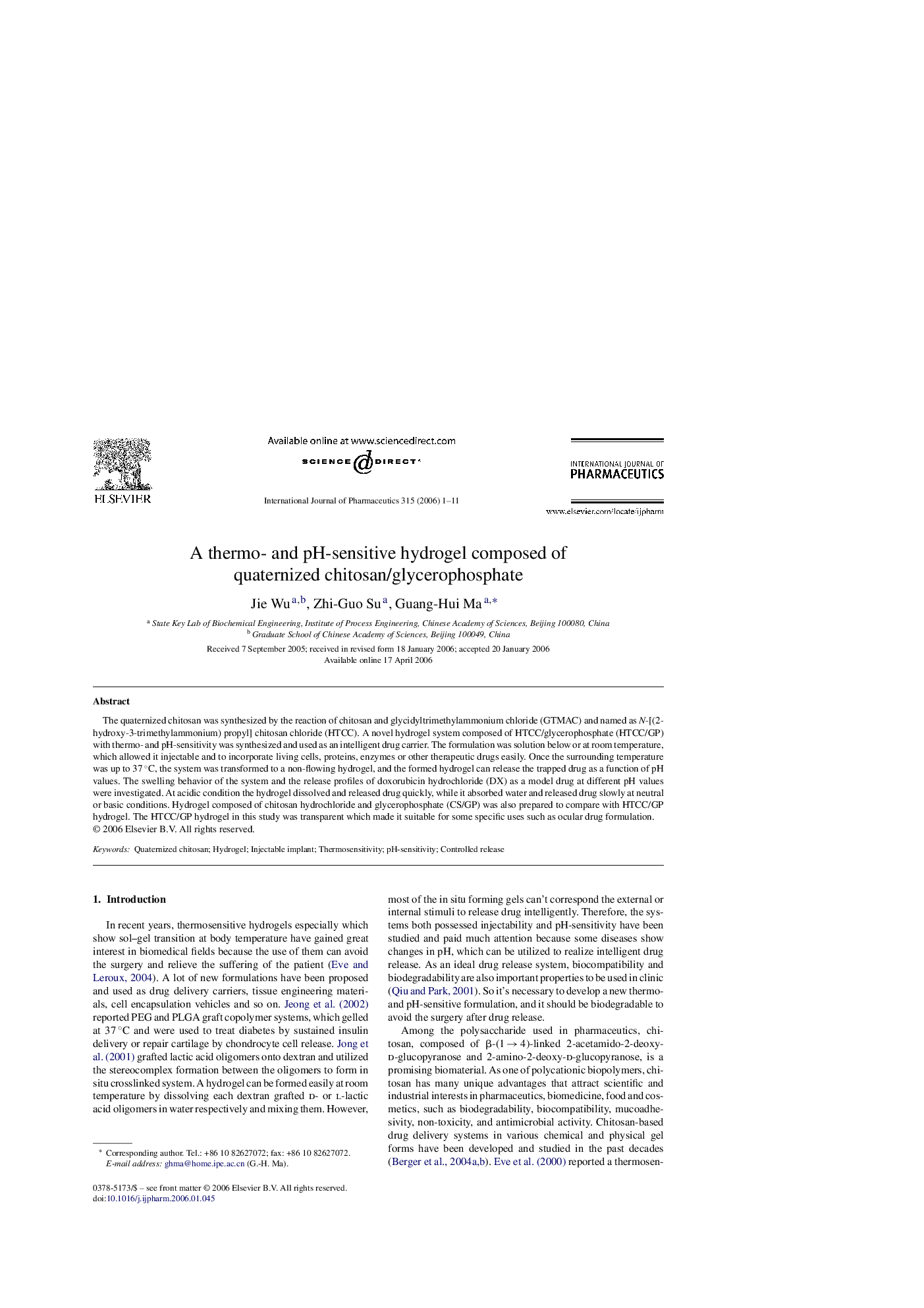 A thermo- and pH-sensitive hydrogel composed of quaternized chitosan/glycerophosphate