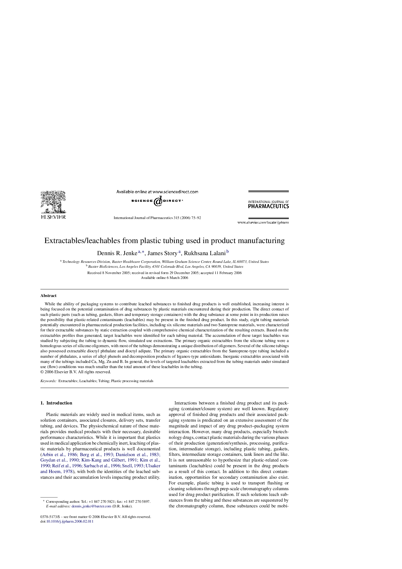 Extractables/leachables from plastic tubing used in product manufacturing