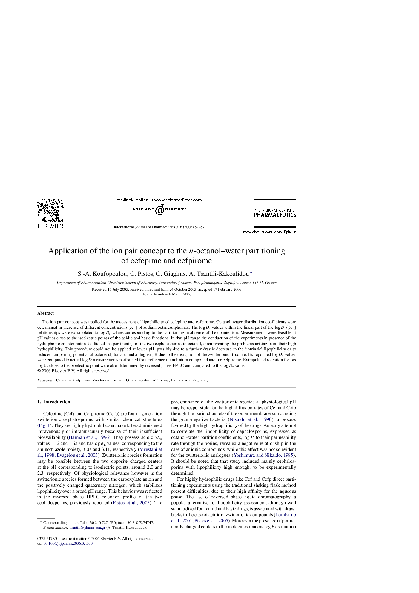 Application of the ion pair concept to the n-octanol-water partitioning of cefepime and cefpirome