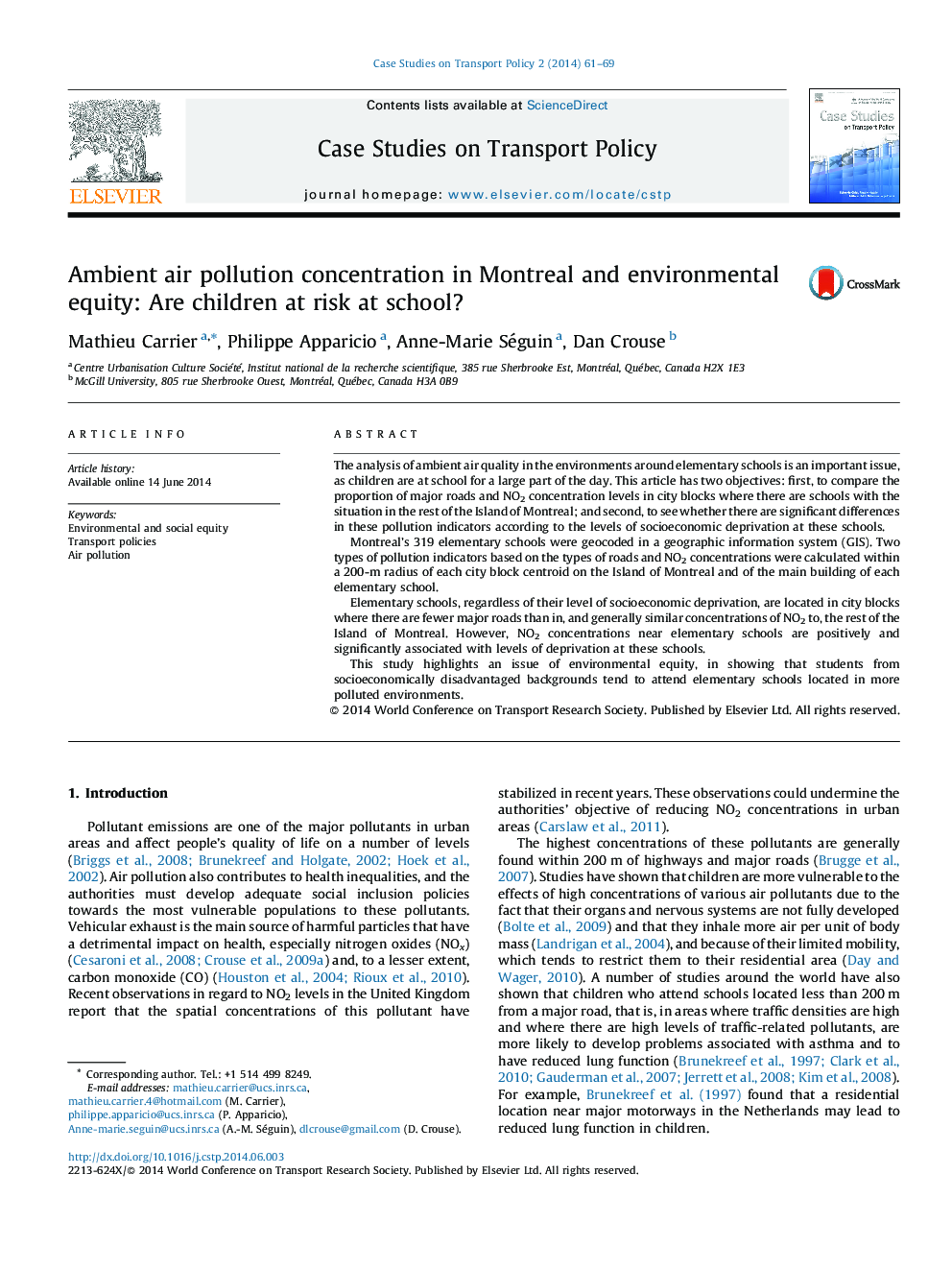 Ambient air pollution concentration in Montreal and environmental equity: Are children at risk at school?