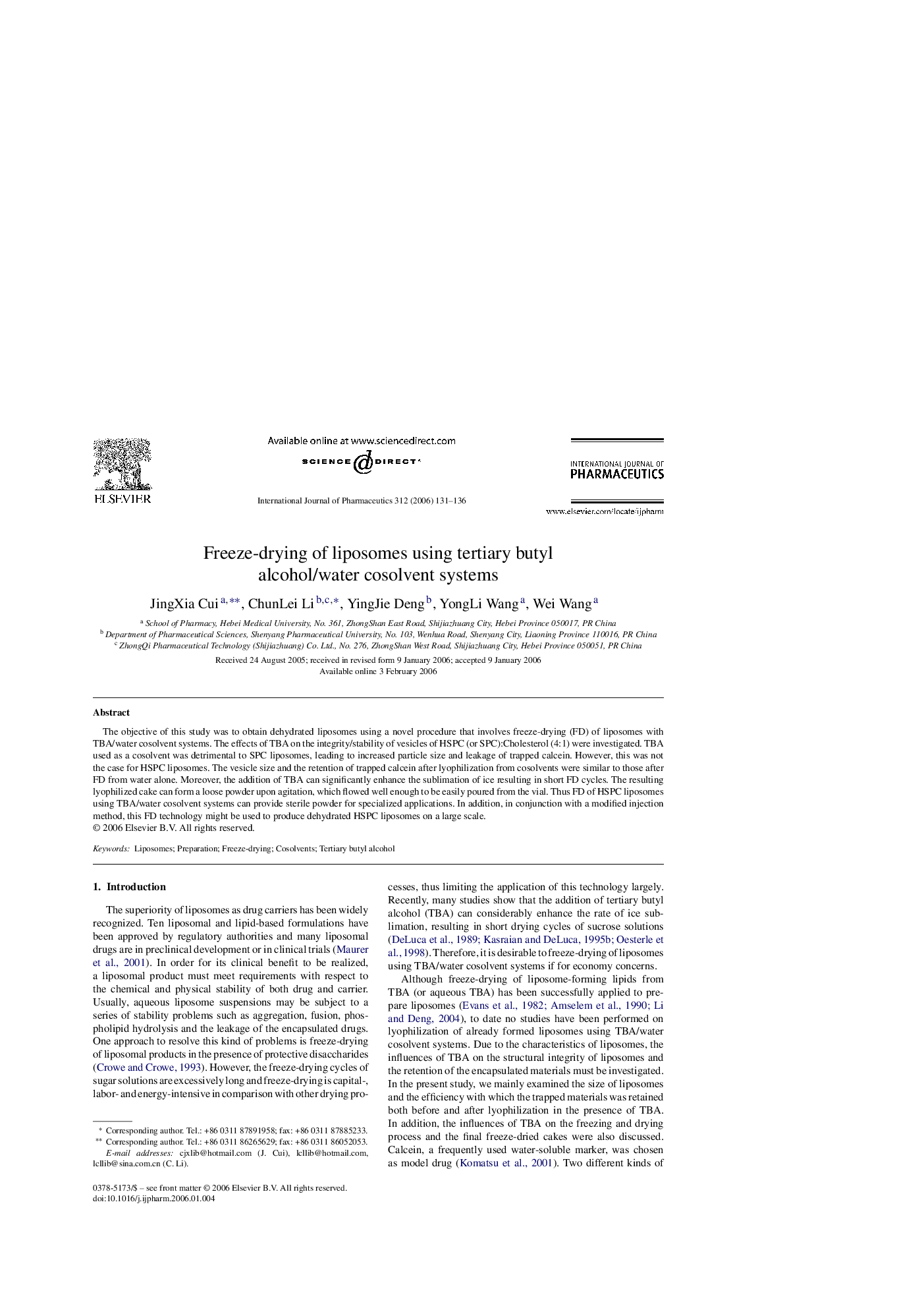 Freeze-drying of liposomes using tertiary butyl alcohol/water cosolvent systems