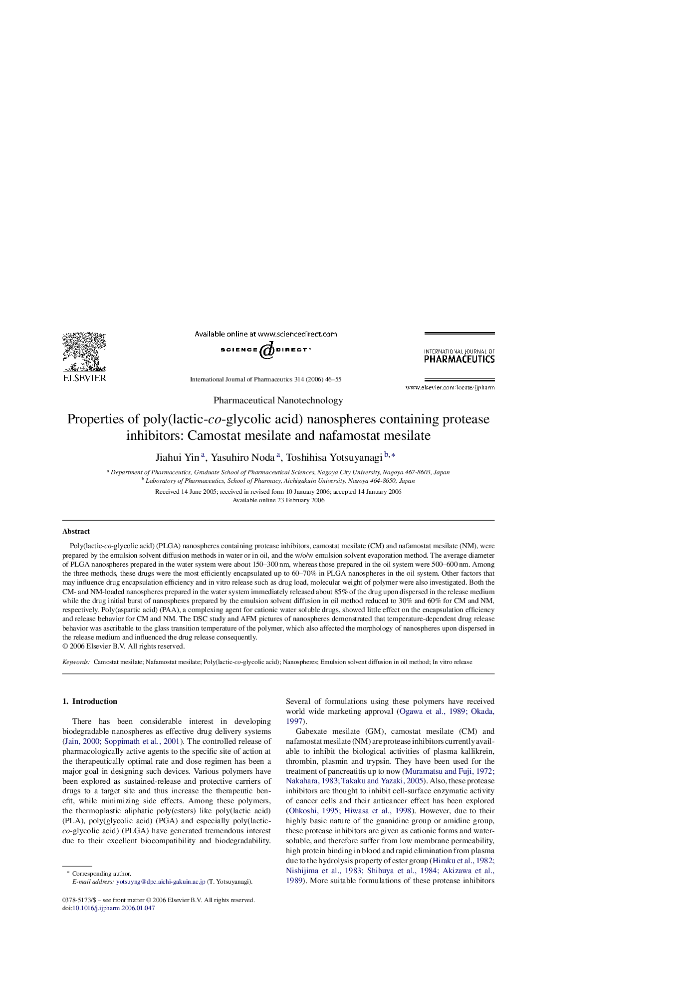 Properties of poly(lactic-co-glycolic acid) nanospheres containing protease inhibitors: Camostat mesilate and nafamostat mesilate