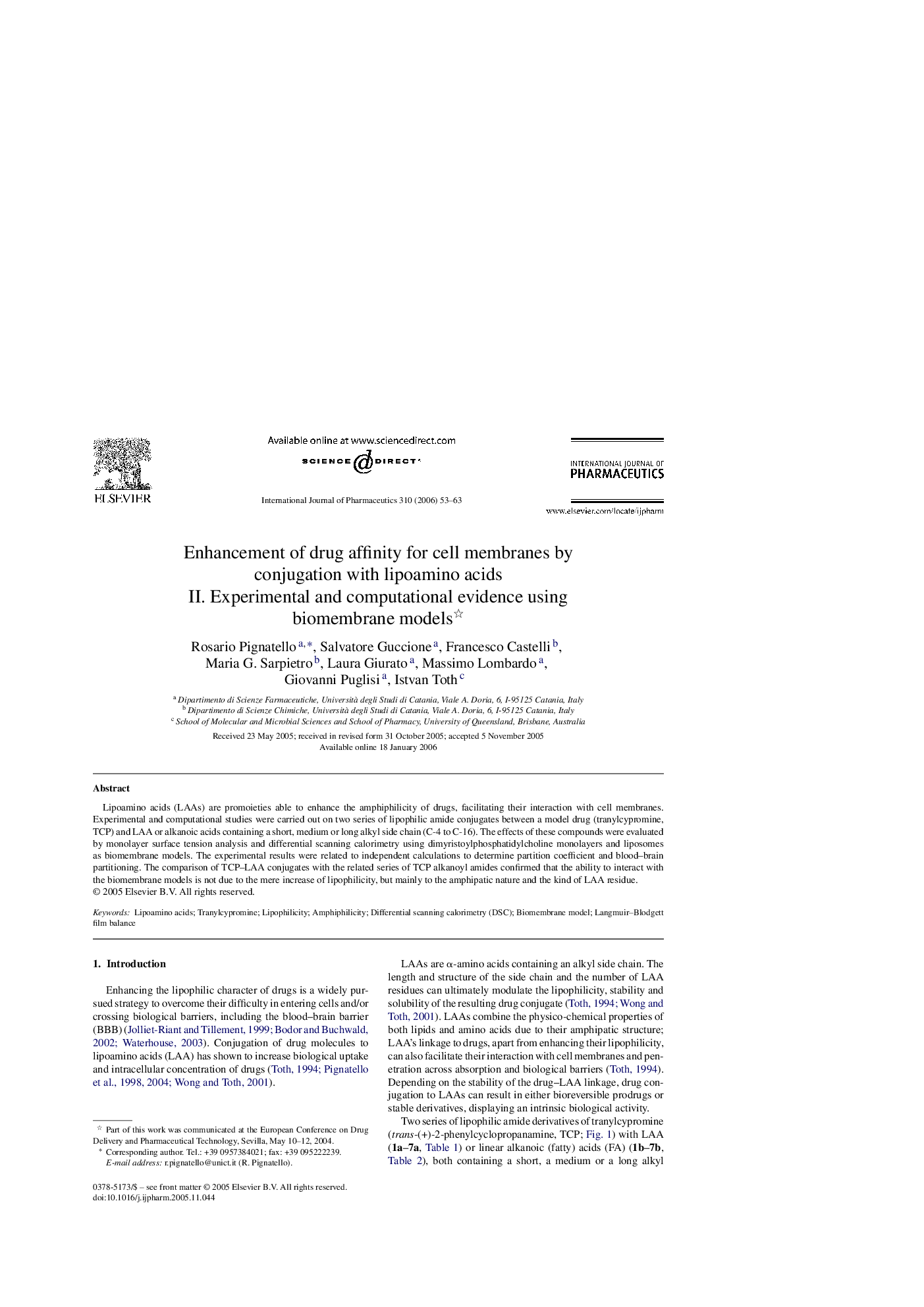 عکس صفحه اول مقاله: Enhancement of drug affinity for cell membranes by conjugation with lipoamino acids Enhancement of drug affinity for cell membranes by conjugation with lipoamino acids