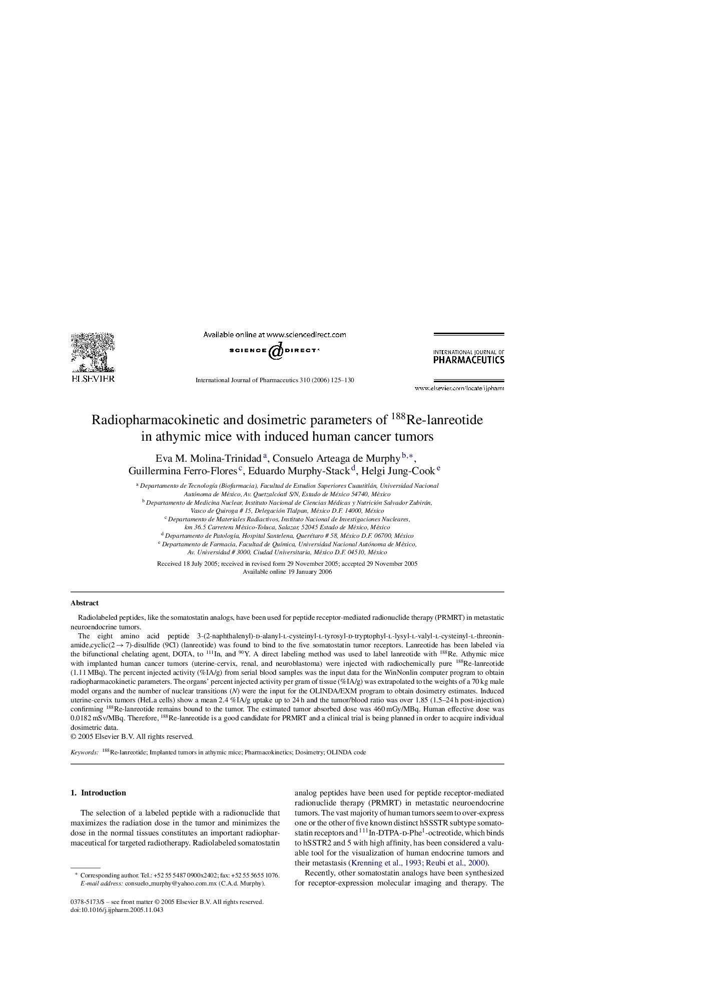 Radiopharmacokinetic and dosimetric parameters of 188Re-lanreotide in athymic mice with induced human cancer tumors